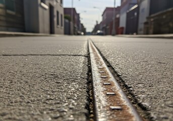 Streetcar Tracks Extend Down Empty City Roadway
