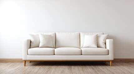 Contemporary sofa with neutral-toned pillows, showcasing minimalist design and elegant background blur.