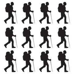 Naklejka premium Inspiring silhouette pattern of adventurous hikers trekking with backpacks and walking sticks