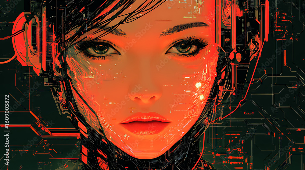 Poster fantasy concept art of a robot girl with luminous circuits and a gentle expression, blending technol