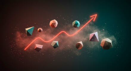 Abstract 3D growth chart showing business analytics with colorful geometric shapes and smoke on dark background.