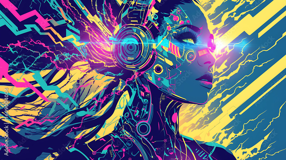 Poster enchanted painting of a humanoid female android with soft mechanical features, surrounded by floatin