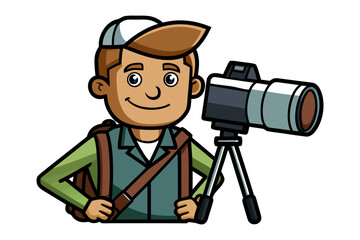 Enthusiastic cartoon photographer with a professional camera and tripod ready for capturing memorable moments outdoors