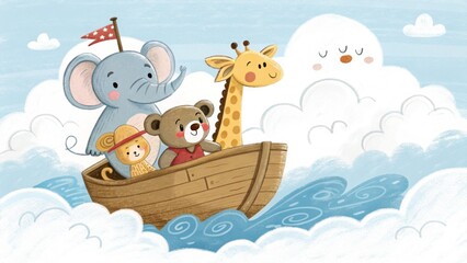 Obraz premium Adorable cartoon animals sailing a boat through clouds, a whimsical adventure for children's stories and designs