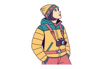 Young person in warm winter clothing with camera looks upward with wonder and anticipation