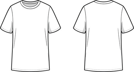 Classic Crew Neck T-Shirt: Technical fashion flat sketch, front and back views, versatile apparel design template for casual wear and customization projects