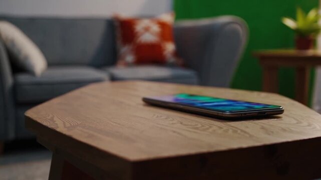 A smartphone rests on a wooden coffee table in a living room setting