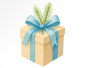 Watercolor Christmas gift box with blue ribbon bow and fir twig on top. Hand painted festive winter holiday present in beige packaging. Vector illustration.