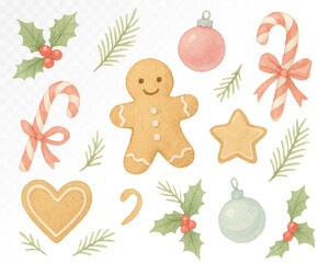 Watercolor Christmas composition with gingerbread man, holiday ornaments, candy canes, stars, baubles, holly leaves and winter decorative elements. Vector illustration.