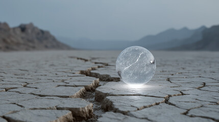Giant orb levitating above cracked desert surface with vibrant aura