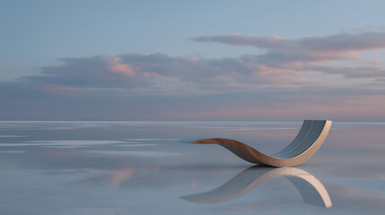 Curved metallic sculpture reflecting pink sky over salt flats