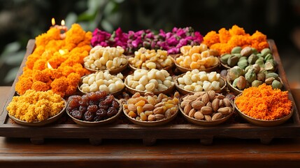 Festive Diwali tray with antioxidant rich dry fruits including pistachios walnuts and raisins decorated with vibrant diyas rangoli and marigold flowers