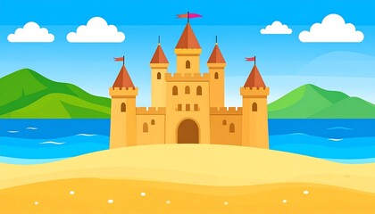 Sandcastle on a beach with mountains