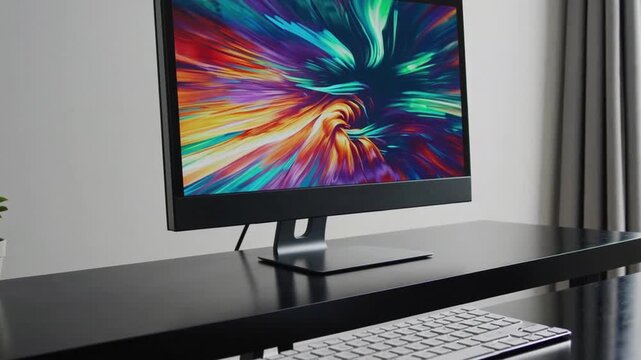 Modern desktop computer setup with colorful abstract background displayed on screen 