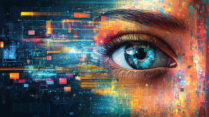 Surreal illustration of a village transforming into a digital city, with glowing vines of data connecting people to knowledge through floating tech