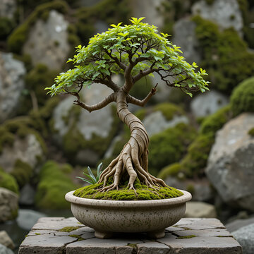 Root Dancer A bonsais aerial root display in a stone planter mossy backdrop