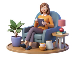Relaxed 3D cartoon woman writing in her journal, cozy chair pose, isolated on a clean white background.
