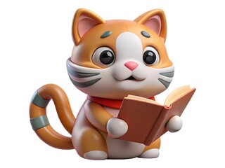 Cute 3D cartoon cat with a book in paws, white-striped fur, perfect for children’s designs, white background.
