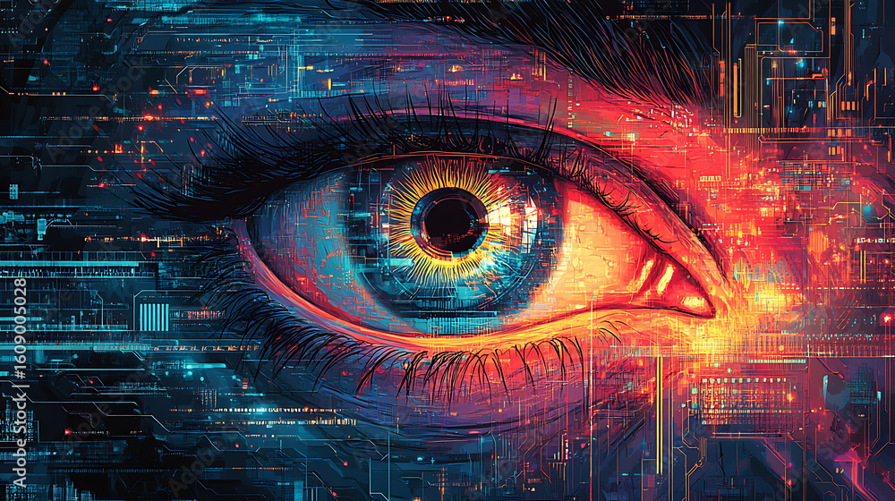 Poster fantasy illustration of diverse characters reaching toward glowing digital tablets floating in the s