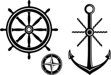 Nautical symbols ship wheel anchor and compass rose illustration