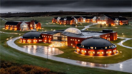 Modern Campus Building with Illuminated Architecture under Dramatic Cloudy Sky at Night