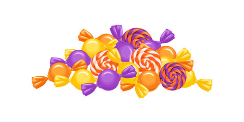 Heap of yellow, orange and purple candy. Vector cartoon flat illustration