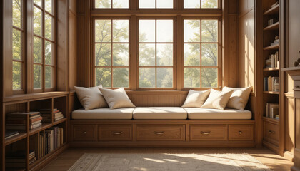 Inviting window seat nook with cozy pillows and natural light streaming through, perfect for relaxation and enjoying a peaceful afternoon reading a book in a warm, wood-paneled room