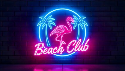 Retro Tropical Neon Sign with Pink Flamingo and Blue Palm Trees Glowing at Night on a Brick Wall
