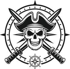 Fototapeta premium Pirate skull and crossbones with crossed swords and compass rose