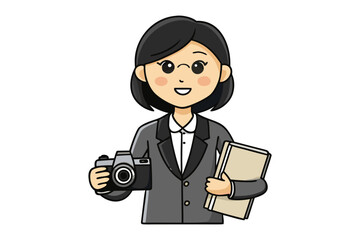 Professional woman with camera and portfolio ready for a photography assignment or interview