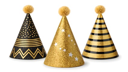 Three party hats with pom poms and different designs isolated on a white background for celebrations