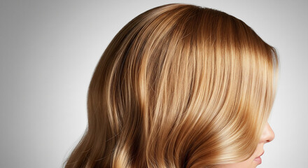 Naklejka premium Close-up of light brown, wavy hair, showcasing smooth texture and shine, representing health, beauty, and haircare concepts