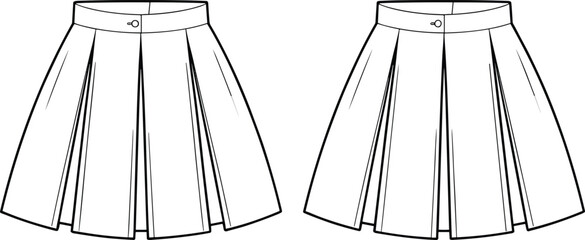 Classic Pleated Mini Skirt Flat Fashion Sketch, Women's Flared A-Line Apparel Design Template for Casual Wear