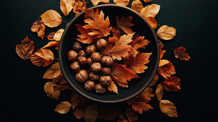 Top view of decorative autumn bowl with colorful maple leaves and hazelnuts on dark background, seasonal fall composition for cozy home decor