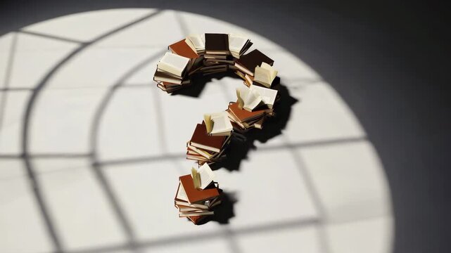 Books arranged in question mark shape