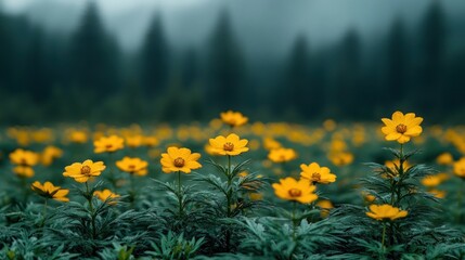Obraz premium Yellow wildflowers bloom in a misty mountain meadow