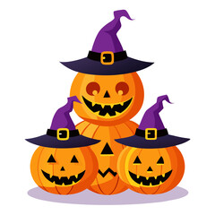 Festive Halloween pumpkins stacked tall wearing playful witch hats, ready for spooky season celebrations