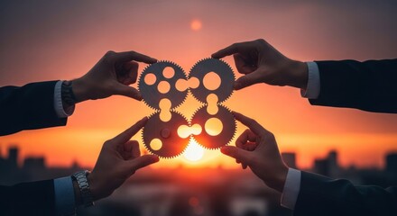 Silhouettes of hands holding interconnected gears against a sunset