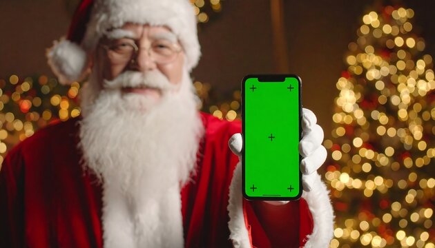 Santa Claus holding a phone with a green screen