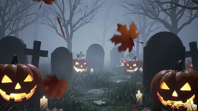 An Enchanted Cemetery with Jack-o'-lanterns and Rolling Mist

