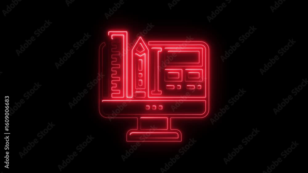 Poster Animated Neon Design Icon Computer Screen Displaying Architectural Design Tools Concept of
