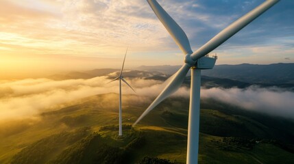 Aerial view of a wind farm producing renewable wind energy, sustainable environment