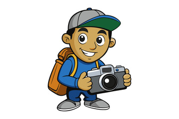 Young enthusiastic cartoon photographer kid with backpack and camera ready to capture memorable moments outdoors
