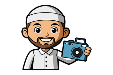 Smiling muslim man wearing a white kufi hat holding a blue digital camera ready to capture memories