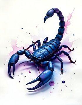 Artistic Blue Scorpion Illustration with Purple Watercolor Splashes on a White Background
