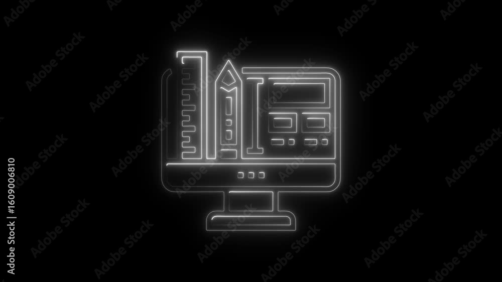 Poster animated neon design software interface icon on black background illustrating architecture design