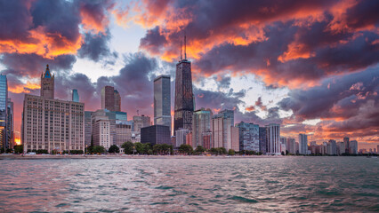 Chicago, Illinois, USA. Cityscape image of Chicago skyline at dramatic stormy sunset.
