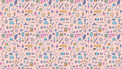 A pattern with school supplies such as pencils books and calculators on a light pink background
