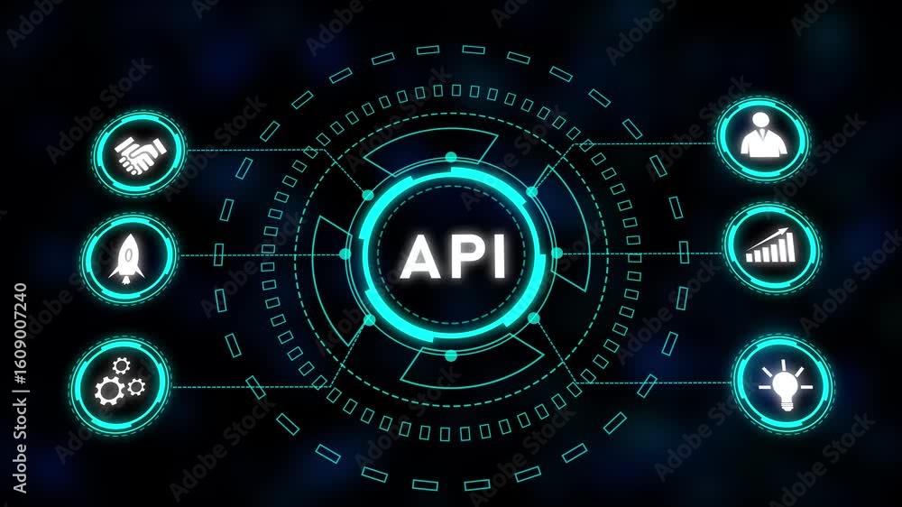 Poster api hud interface with glowing neon circles and cyberpunk motion in a futuristic teal style. futuris