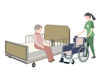 介護ベットを試している老人と車椅子でお迎えに来た介護士の絵
